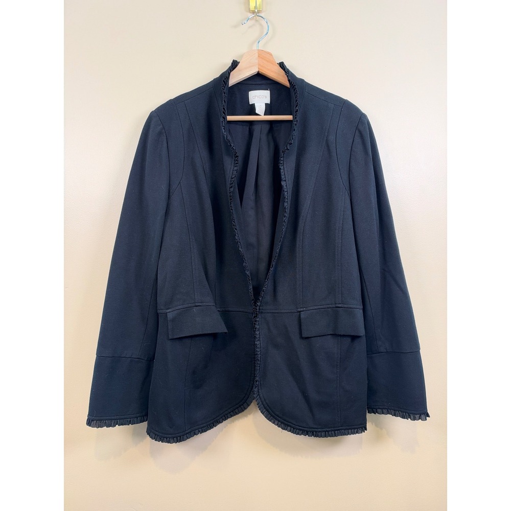 Chico's Blazer Jacket Womens 3 Black Open Front Ruffle Trim Ponte Knit Workwear